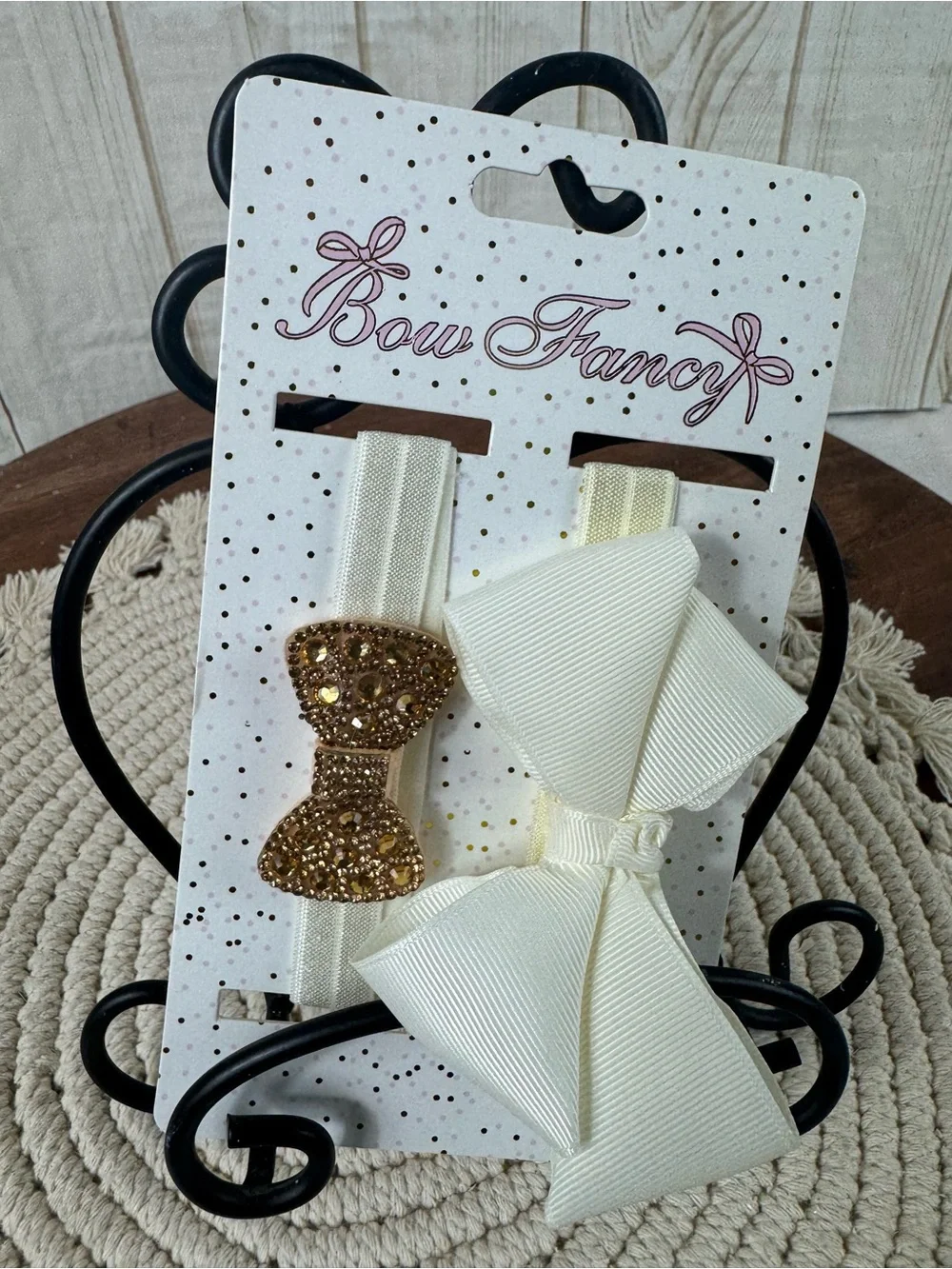 Set of 3 fabric bow headwraps and 2 headbands gold bow and ivory bow.